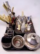 A tray containing a quantity of plated wares to include muffin dish with cover, tankards,
