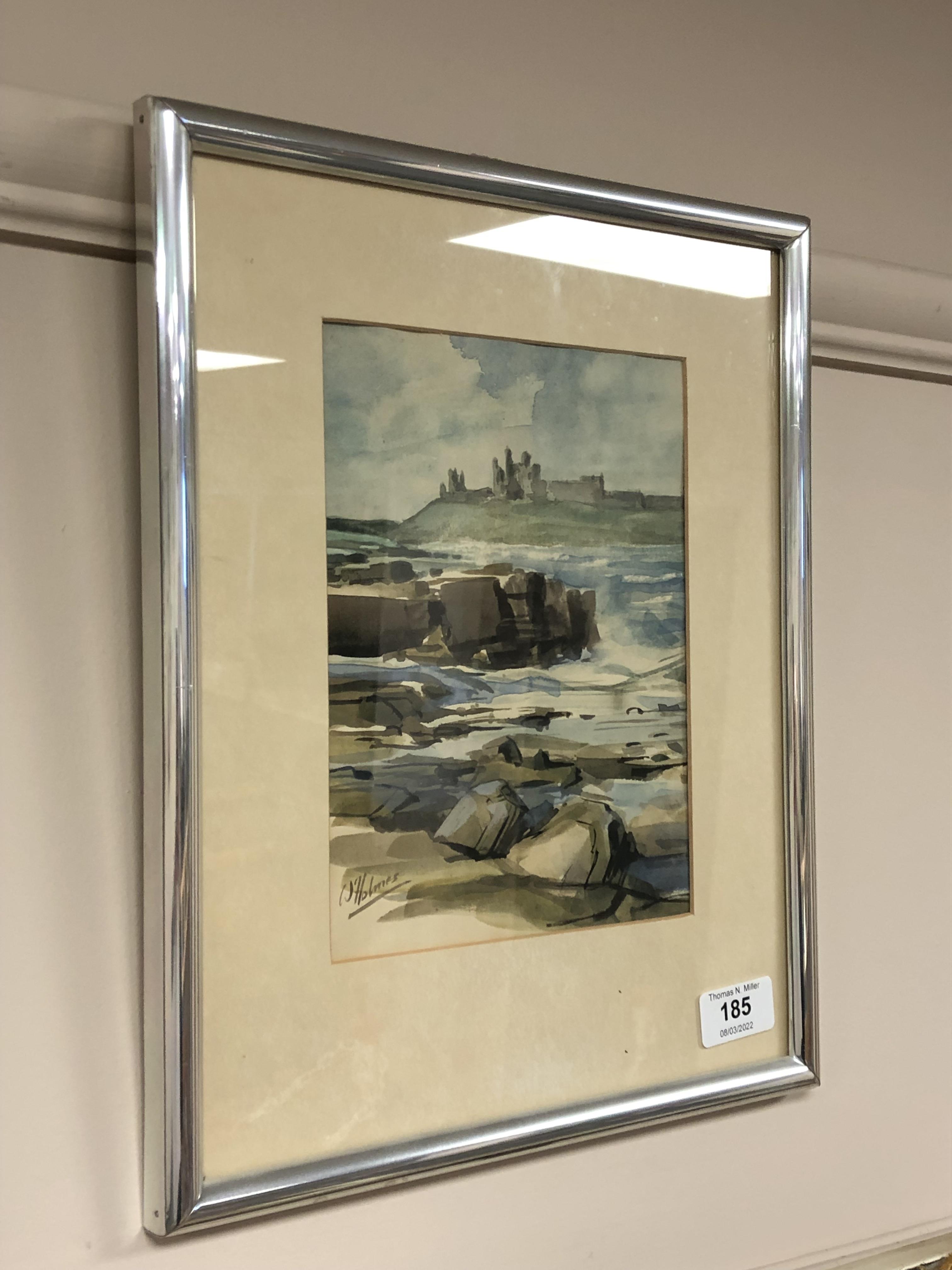 Walter Holmes (Contemporary), Dunstanburgh Castle, watercolour, 21cm by 15.5cm.