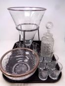 A tray containing assorted glassware to include a cut glass silver rimmed bowl bearing Birmingham