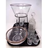 A tray containing assorted glassware to include a cut glass silver rimmed bowl bearing Birmingham