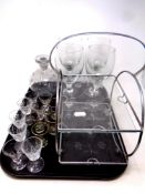 A tray containing assorted glassware to include liqueur decanter, Festival of Britain glasses,