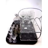 A tray containing assorted glassware to include liqueur decanter, Festival of Britain glasses,