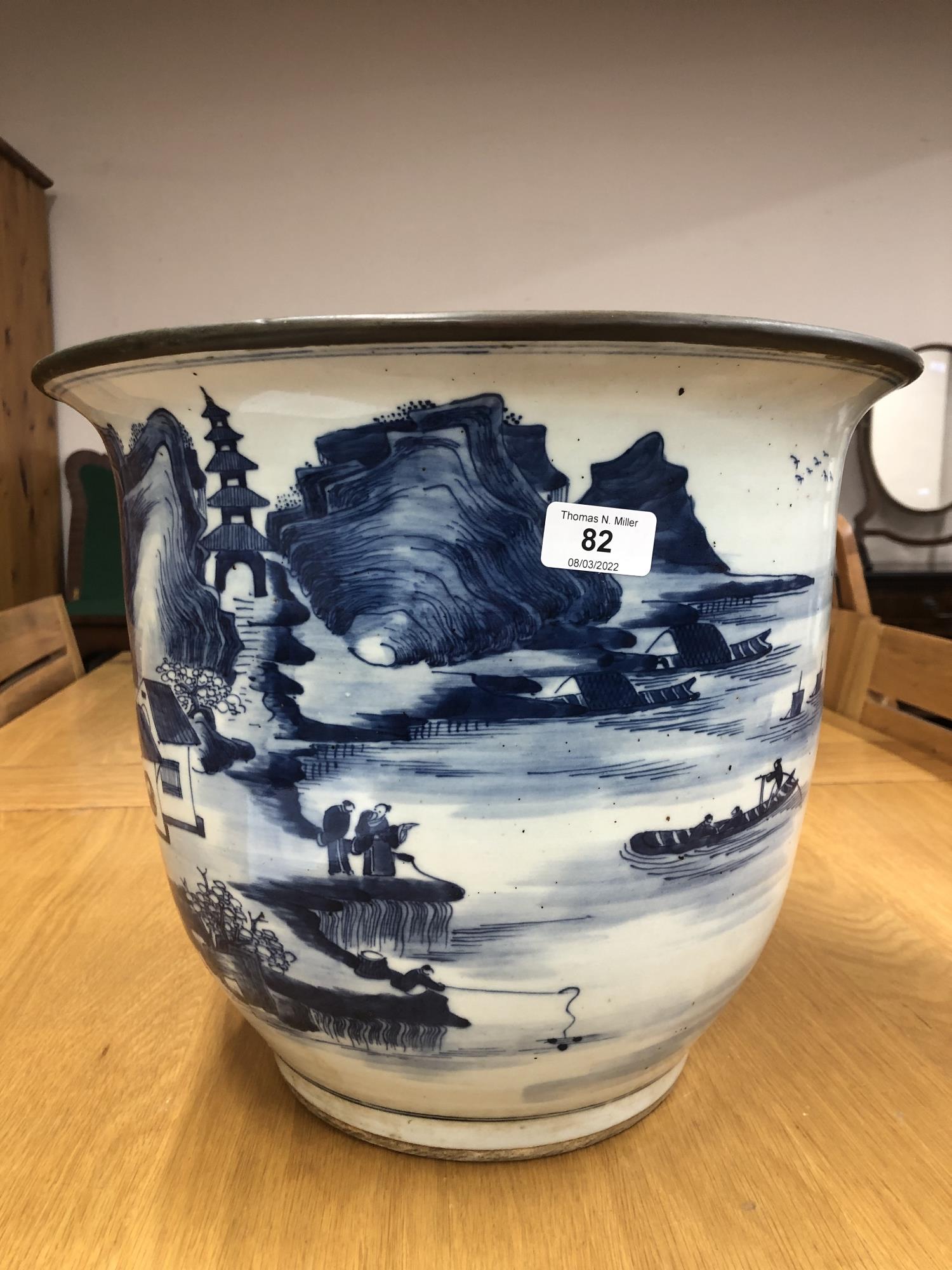 A Chinese blue and white planter depicting traditional scenes, width 37. - Image 2 of 13