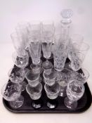 A tray containing assorted glassware to include wine and liqueur glasses,