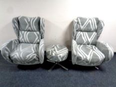 A pair of Fama zebra print wingback adjustable armchairs on chrome bases together with a matching