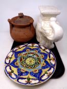 A tray containing an eastern crackle glaze pottery dish, elephant plant stand,