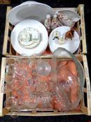 Two crates containing miscellaneous ceramics and glassware to include plates, pasta bowls,