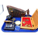 A tray containing boxed Ronson lighter, marquetry box containing buttons and badges,