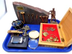 A tray containing boxed Ronson lighter, marquetry box containing buttons and badges,