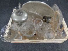 A crate containing a large quantity of assorted cut glassware, four piece cruet set on stand,