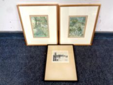 An Edward Cherry etching in frame together with two further Rackham prints