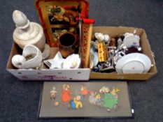 Two boxes containing ceramics, ornaments, gilt wood tray, leather cased backgammon set,