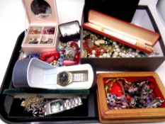 A tray containing a large quantity of costume jewellery to include cameo pendant, beaded necklaces,