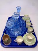 A tray containing a six piece blue glass Art Deco trinket set together with thirteen pieces of