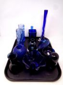 A tray containing 20th and 21st century blue glassware to include pair of bark vases,