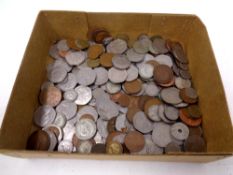 A box containing a large quantity of decimal and pre decimal British coinage, florins, shillings,