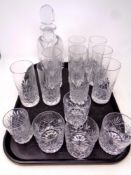 A tray containing assorted glassware to include lead crystal whisky tumblers and high ball glasses,