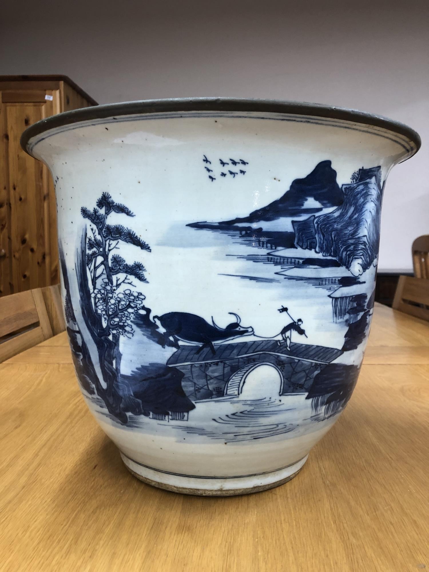 A Chinese blue and white planter depicting traditional scenes, width 37. - Image 4 of 13