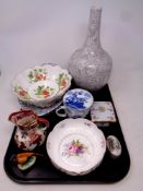 A tray containing assorted ceramics to include Masons vase, figure of a pheasant, queens,