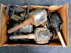 A box containing six antique carriage lamps (as found)