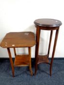 An Edwardian mahogany plant stand together with a beechwood occasional table