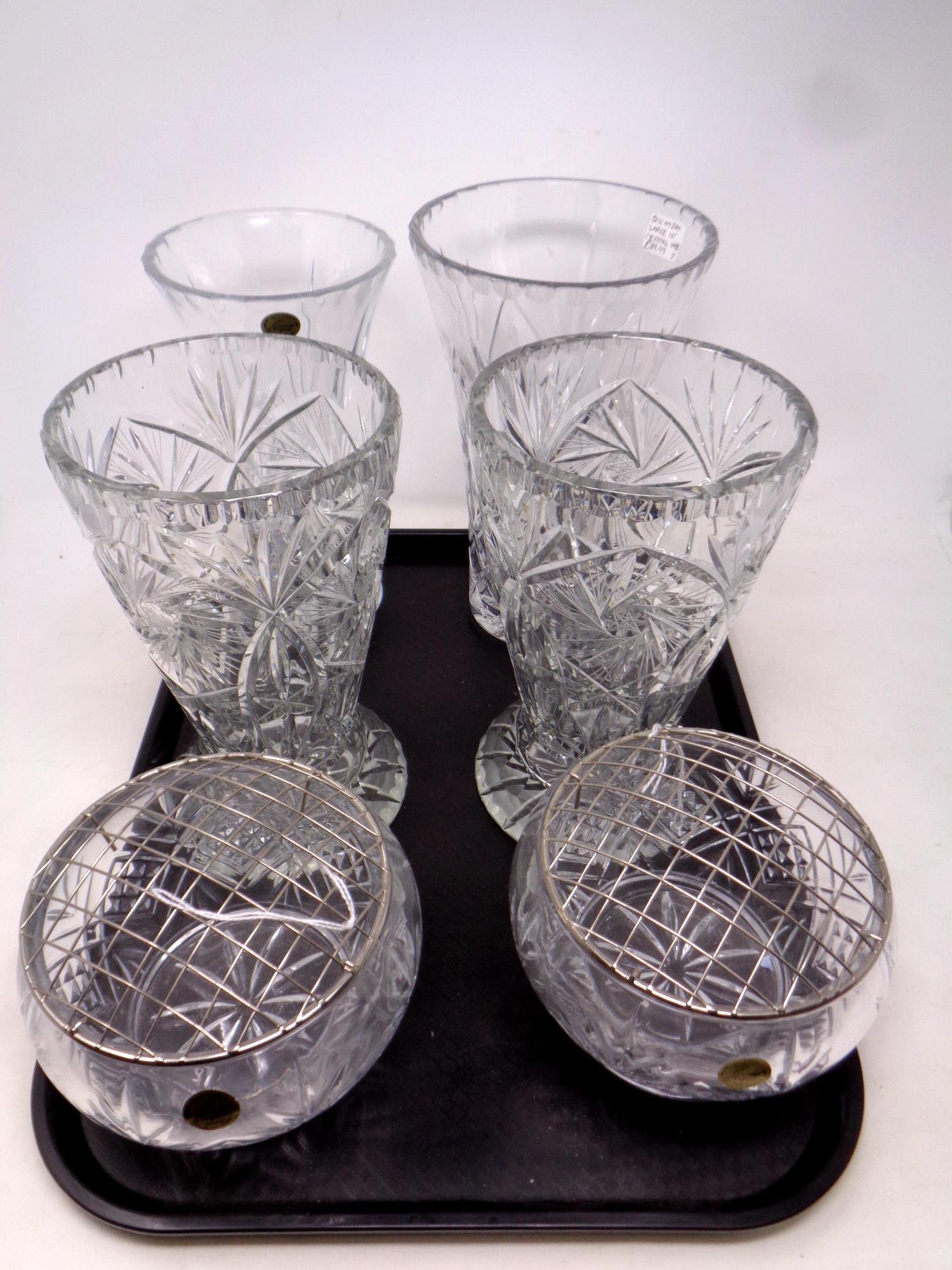 A tray containing a pair of French crystal rose bowls together with four further cut glass lead