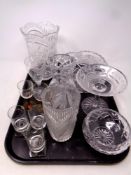 A tray containing assorted glassware to include an Irish Gavan lead crystal vase together with