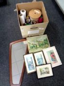 A box containing a 20th century shaped teak framed mirror, framed pictures,