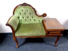 An Italian style telephone table upholstered in a green dralon