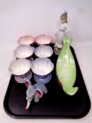 A tray containing six Maling sundae dishes together with a Maling storm gondola bowl, Nao figure,
