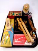 A tray containing two wooden recorders, wooden chess pieces, a Keil Kraft Skyjet 50, boxed,