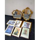A box containing two ornate gilt framed mirrors together with six further framed prints