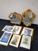 A box containing two ornate gilt framed mirrors together with six further framed prints