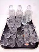 A tray containing assorted glassware to include Royal Brierley crystal liqueur glasses,