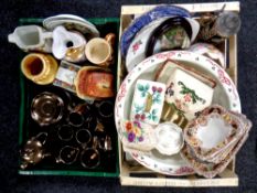 Two boxes containing assorted ceramics to include a Victorian wash bowl,