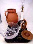 A tray containing a large pottery jug, pair of brass and marble table lamps, cut glass bowl,