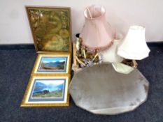 A box containing table lamps with shades, assorted cutlery, continental vase,