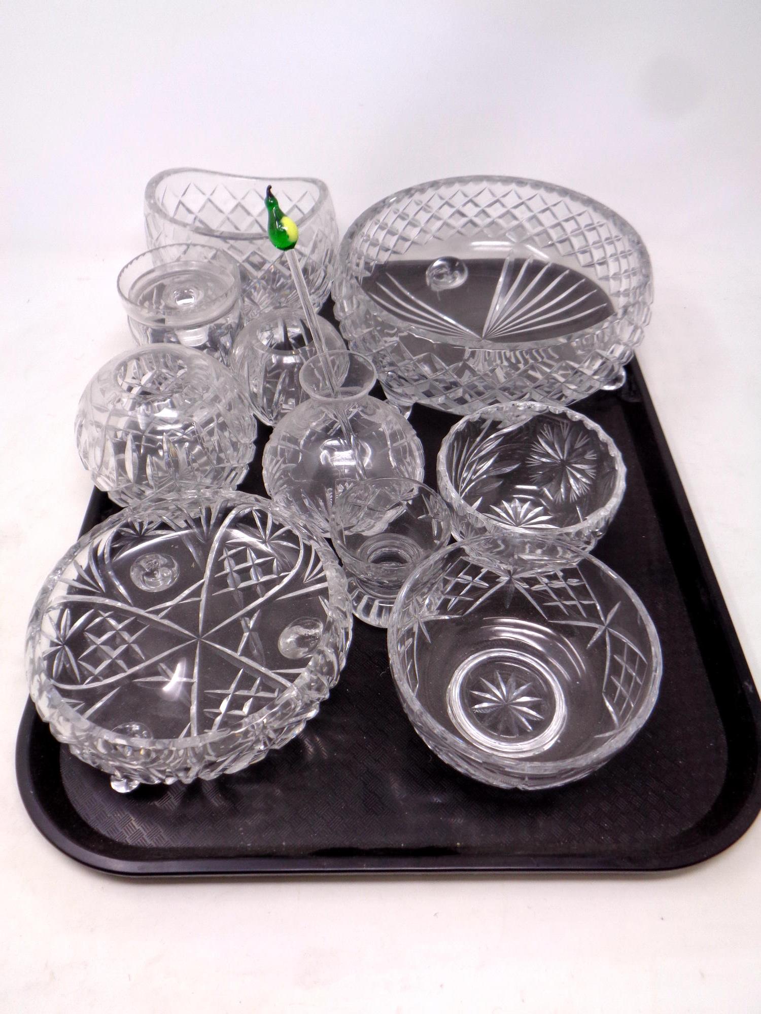 A tray containing assorted cut glass to include bowls, preserve pots, dishes, vases,