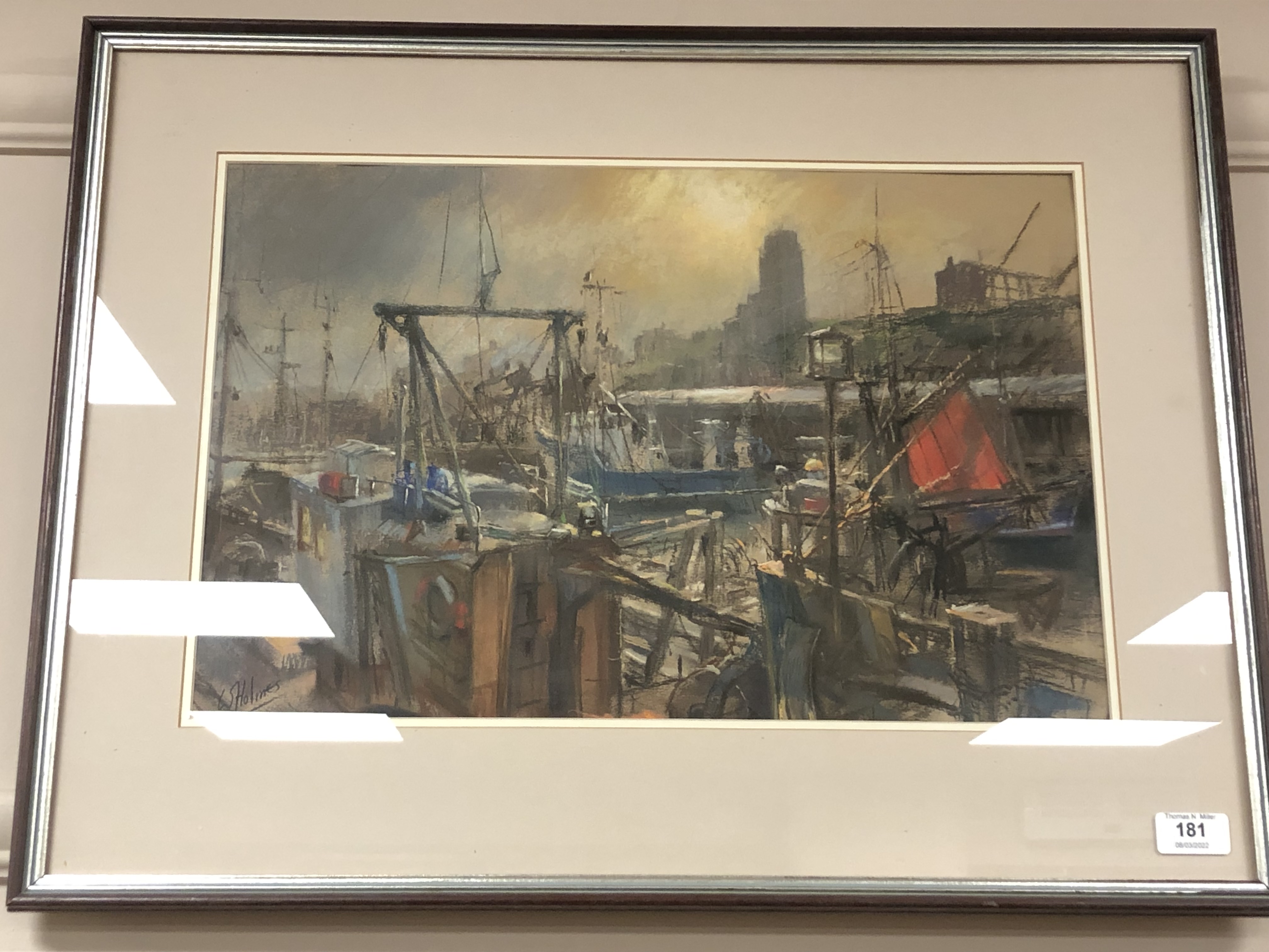Walter Holmes (Contemporary), Fishing boats moored in a harbour, watercolour, 48cm by 31cm.