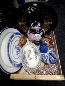 A box containing assorted ceramics to include antique meat plates and soup tureen with ladle,