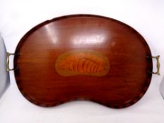 A 19th century mahogany marquetry inlaid kidney shaped serving tray with brass twin handles
