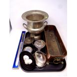 A tray containing assorted metal wares to include a copper and brass planter, plated wine cooler,