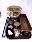 A tray containing assorted metal wares to include a copper and brass planter, plated wine cooler,