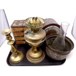 A tray containing oak cased Bentima mantel clock (as found), Duplex oil lamp with chimney,