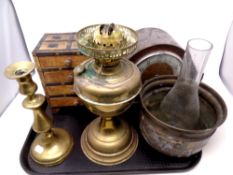 A tray containing oak cased Bentima mantel clock (as found), Duplex oil lamp with chimney,