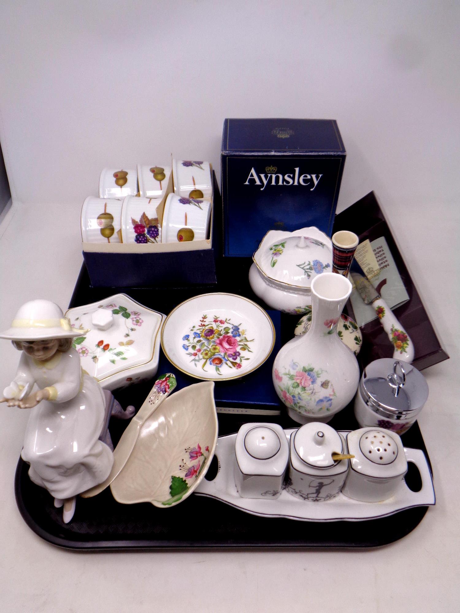 A tray containing assorted ceramics to include Royal Worcester dish and ramekins (boxed),