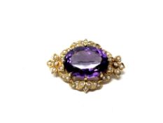A 9ct gold amethyst and seed pearl brooch