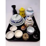 A tray containing Chinese style ceramics to include finger bowls, lidded ginger jars,