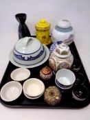 A tray containing Chinese style ceramics to include finger bowls, lidded ginger jars,