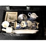 A box containing assorted ceramics to include willow pattern tea and dinnerware,